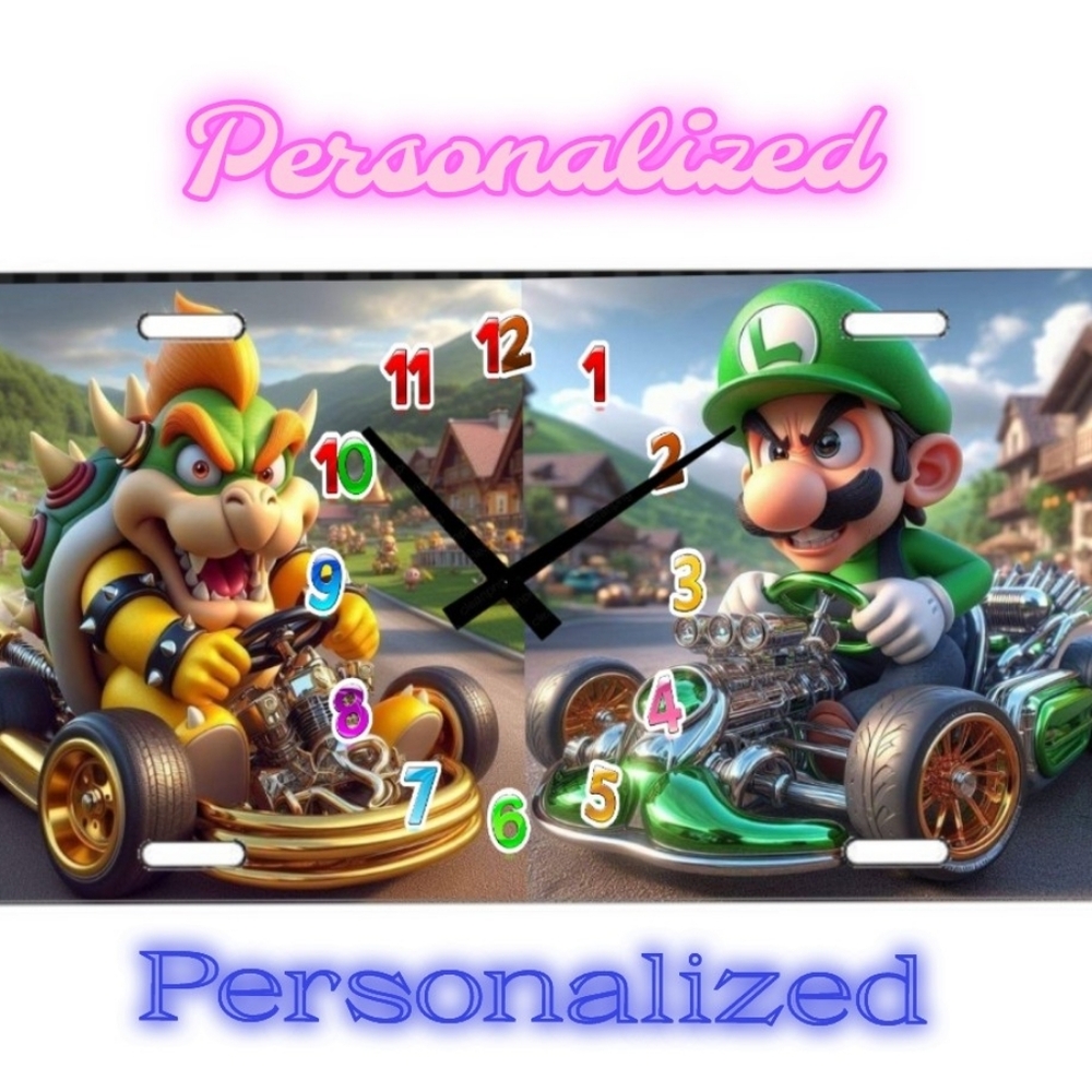 Mario And Bouser Kart License Plate Wall Clock Personalized